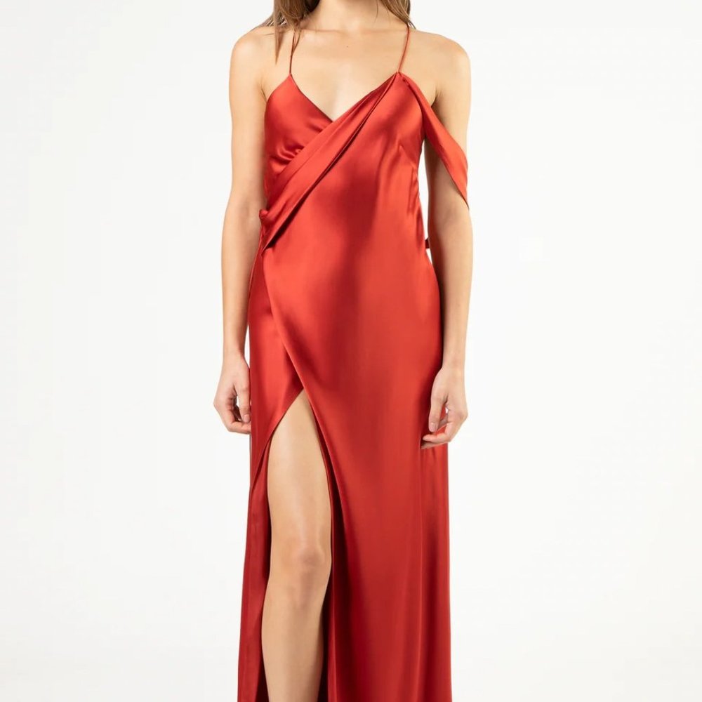 Michelle Mason STRAPPY WRAP GOWN WITH COWL in RED/ CAYENNE